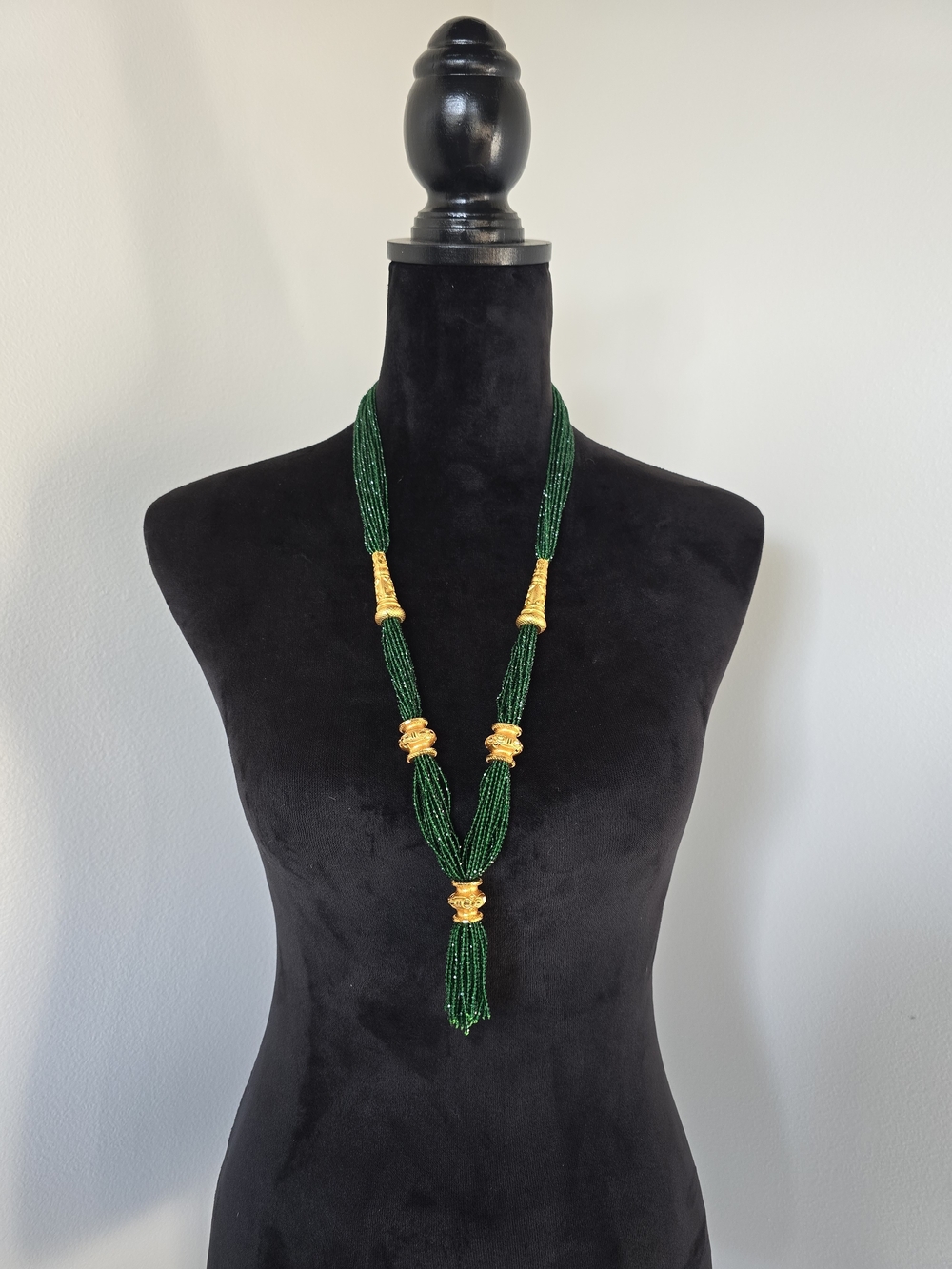 Green Beaded Multi-Strand Necklace with Gold Accents